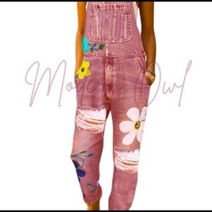 Pink Floral Distressed Denim Overalls - Women